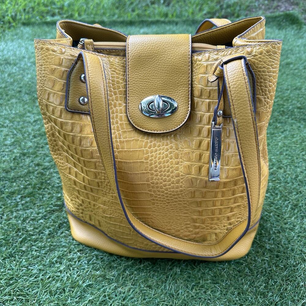 Franco Sarto Crocodile Print Purse Faux Leather Yellow Bucket Glam Preppy Animal